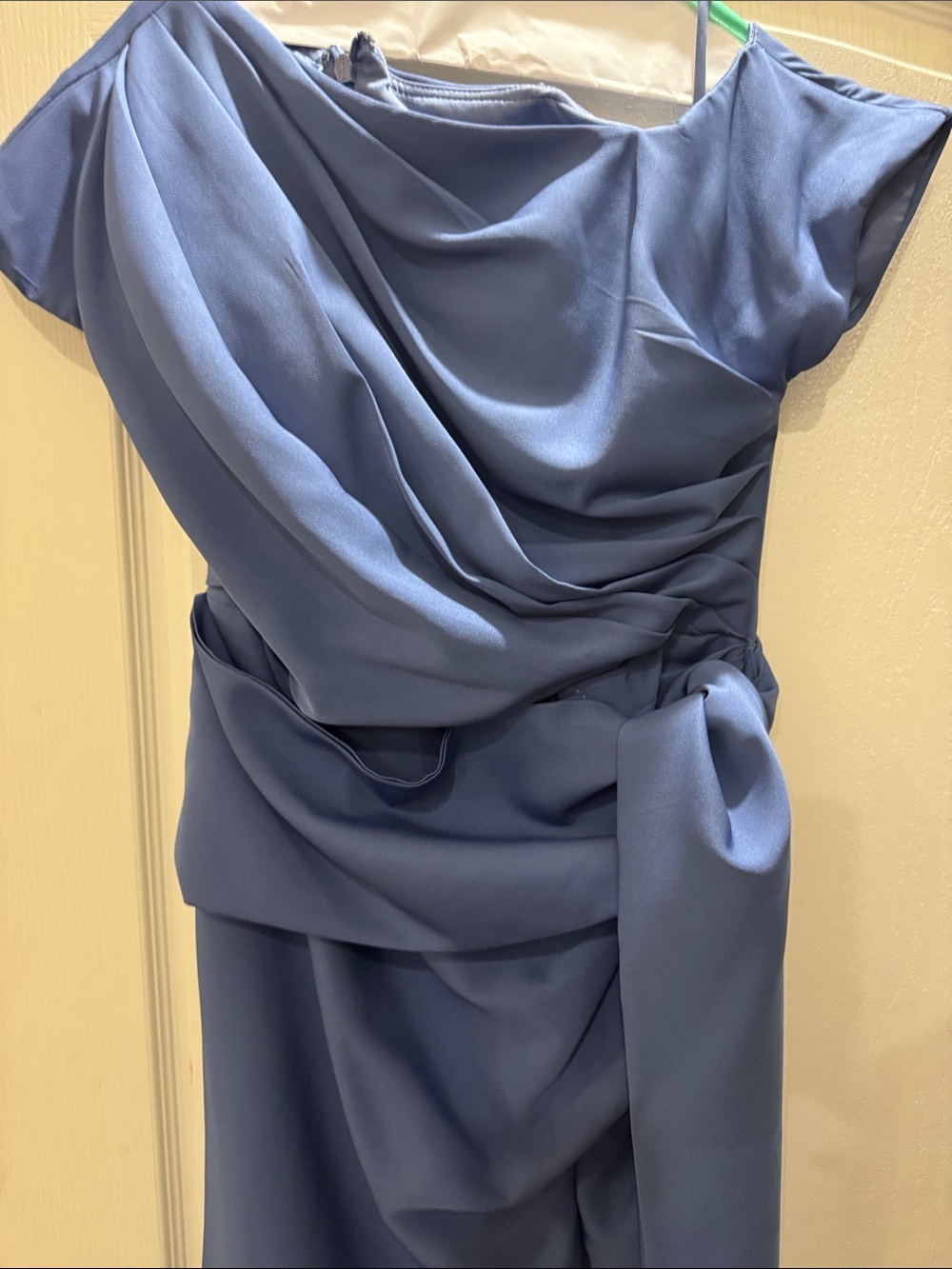 One-Shoulder Draped Midi Dress in Dusty Blue